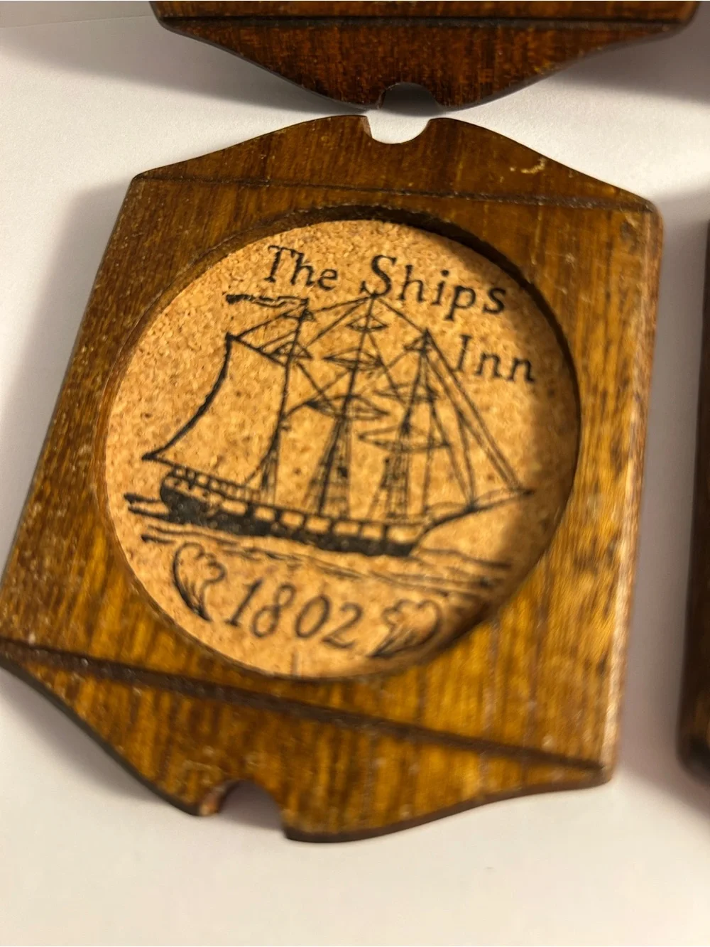 5 vintage coasters Woodcrest by Styson The Ships Inn 1802 Wood Pressed Cork SET
